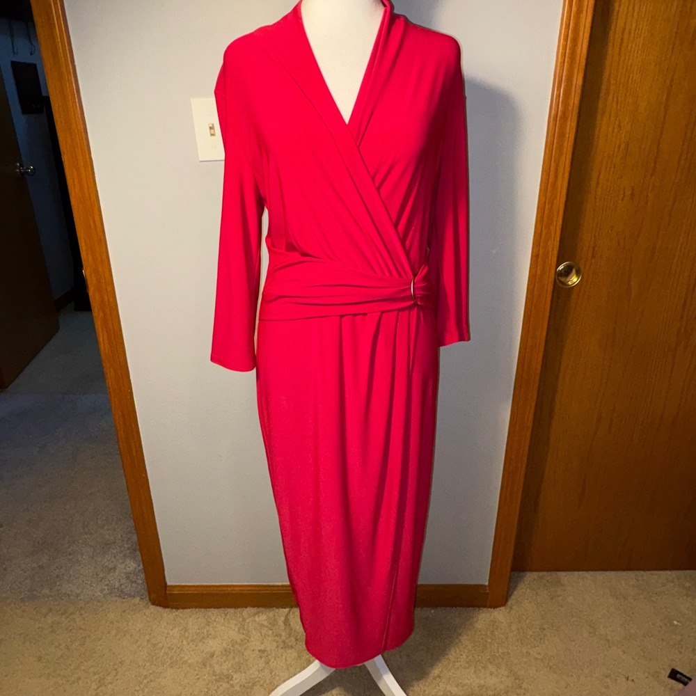 Joseph Ribkoff Cerise Pink Wrap Midi Dress Gold Ring Accent 202160X NWT Size 10